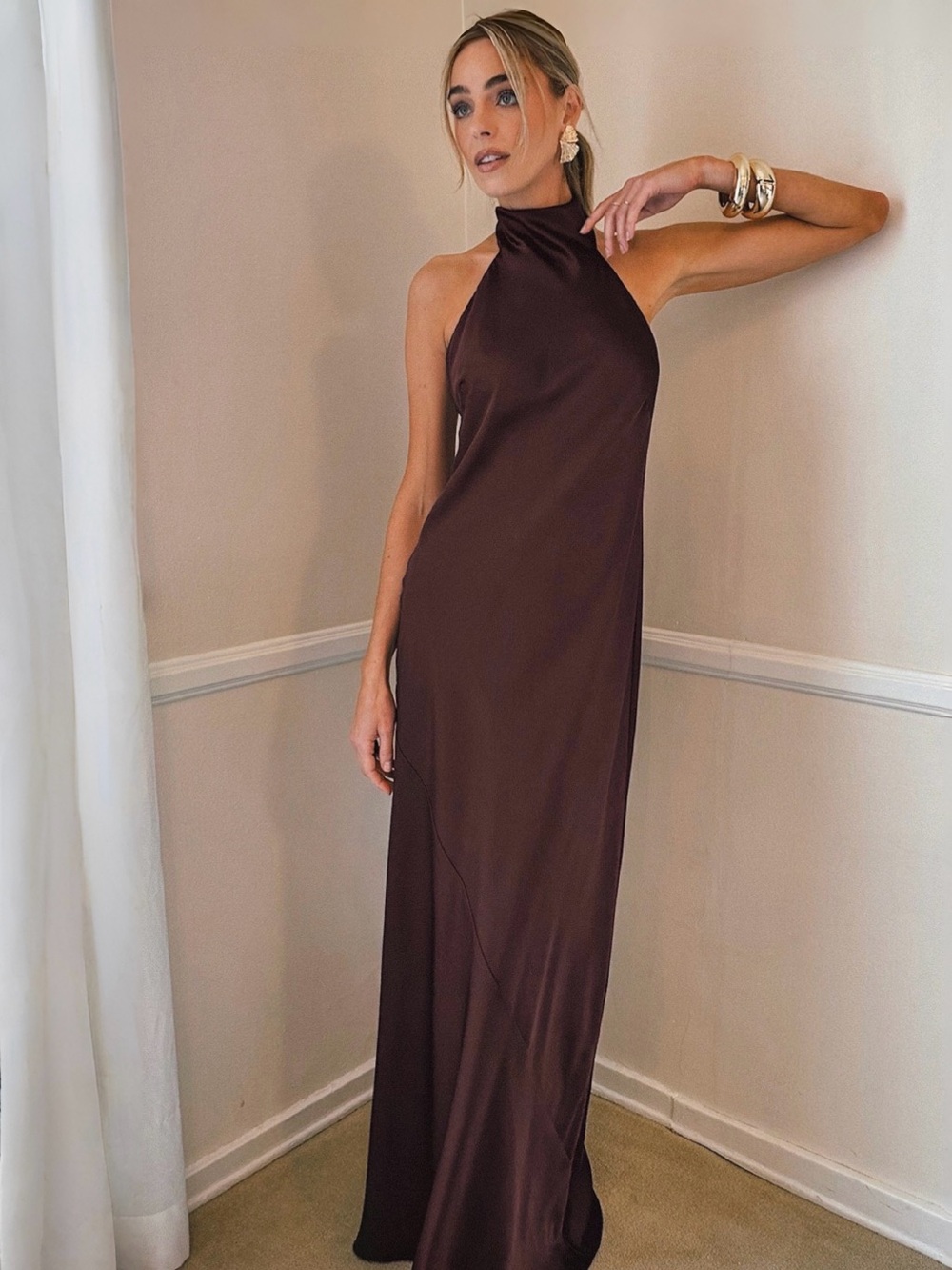 Show Me Your MuMu Lisa Chocolate Satin Halter Maxi Dress Sz L MSRP $198 NEW - Picture 2 of 9